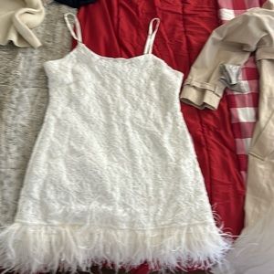 Mari Feather Trim Lace Mini Dress